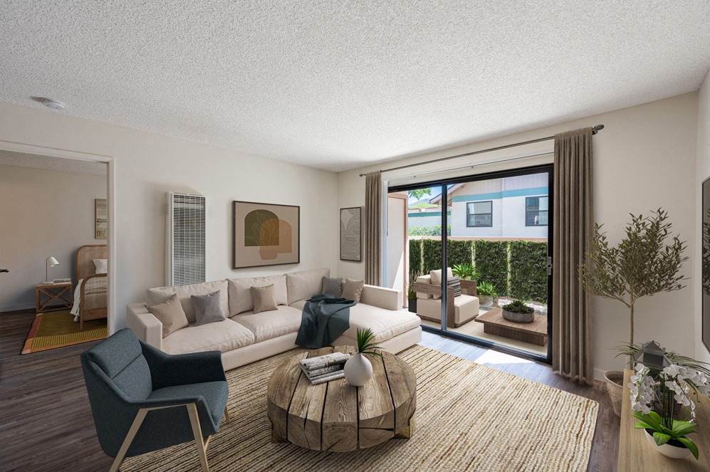 a living room with a couch and a table