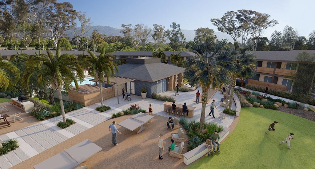 Birds-eye view rendering of community clubhouse