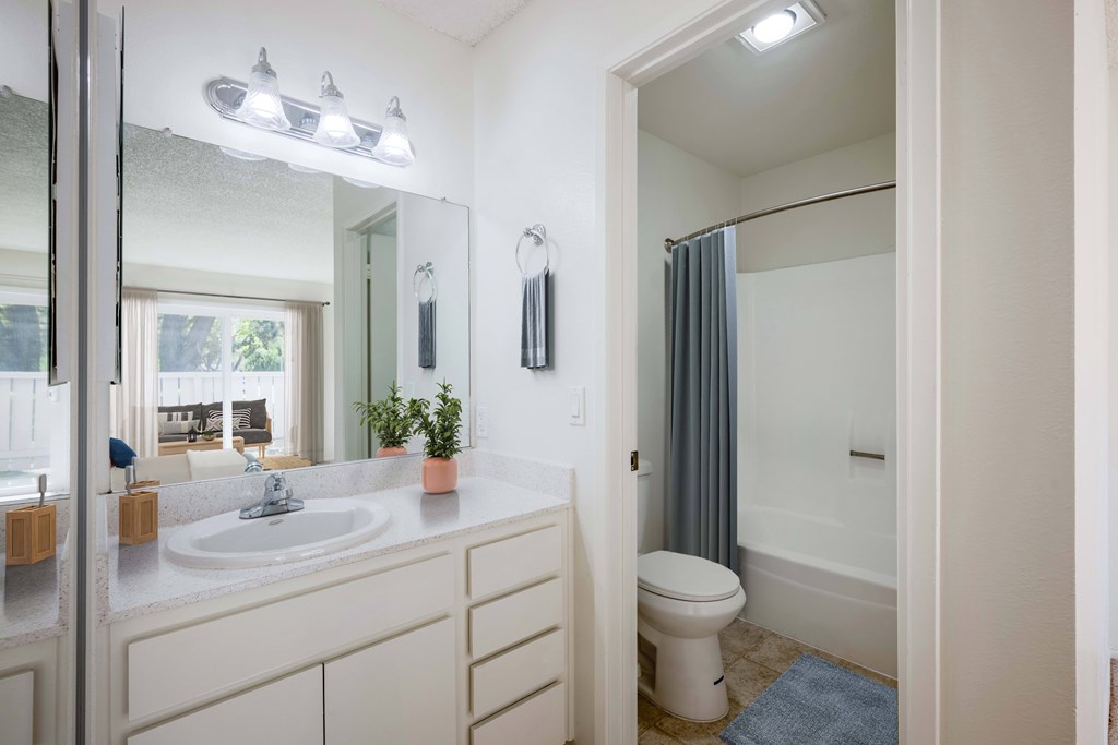 A bathroom with a sink, toilet, and shower.