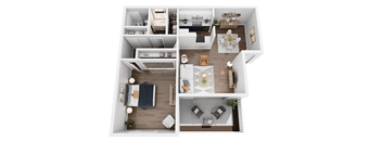 A top-down view of a modern apartment layout.