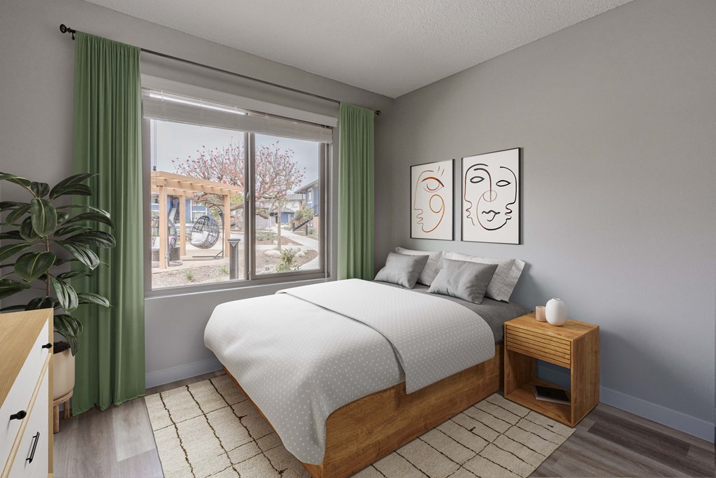 3d rendering of a bedroom with a bed and a window