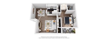 a 1 bedroom floorplan is shown in this rendering