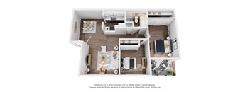 a 1 bedroom floorplan is shown in this rendering