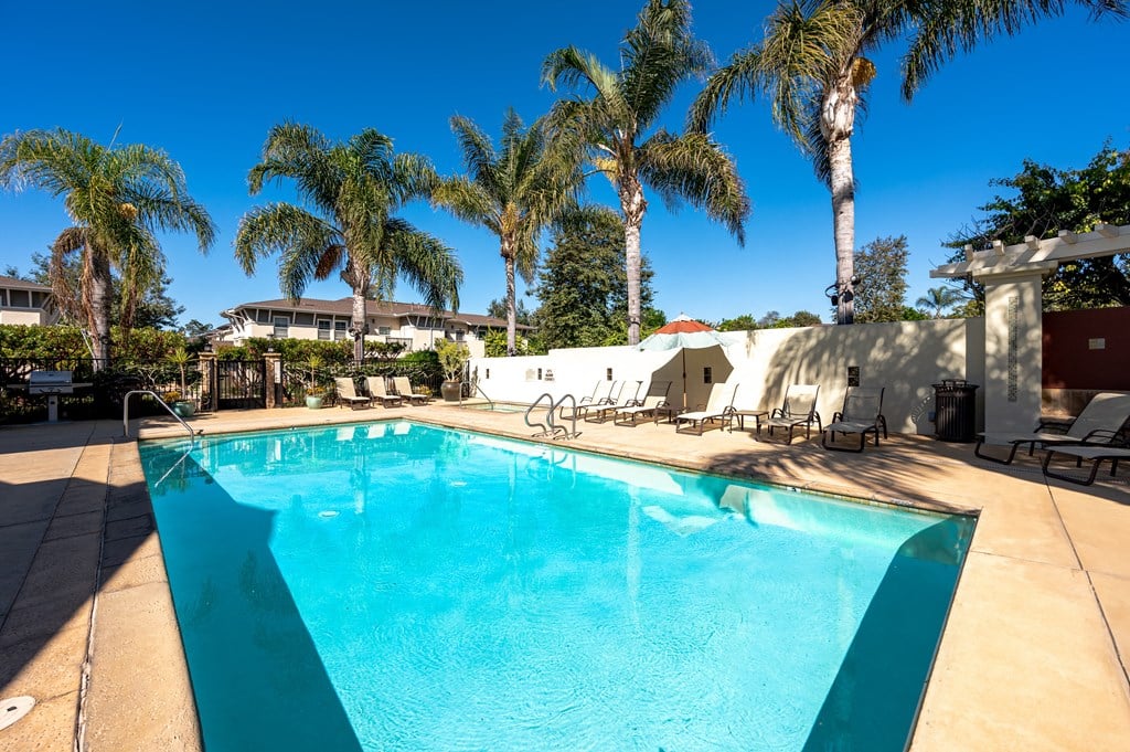 a swimming pool with palm trees in front of a house