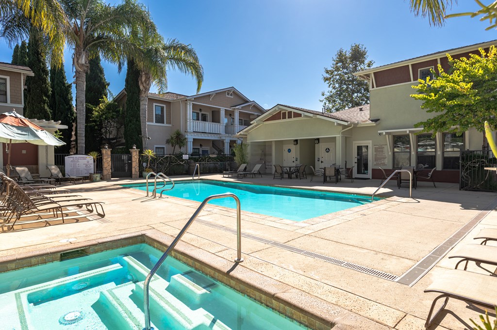 Apartments Near The Collection Oxnard - Ventura, CA - Ralston Courtyards - Swimming Pool with Hot Tub - Lounge Chairs