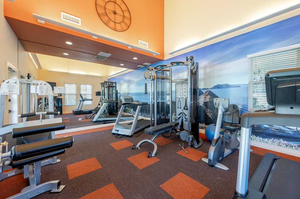 a gym with cardio equipment and a wall mural of the ocean
