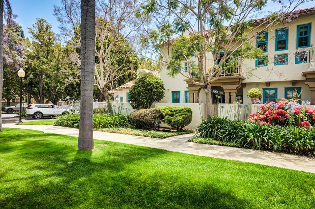 a yard with green grass and a sidewalk in front of a building
