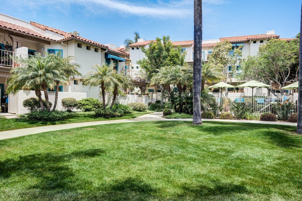 Retirement Homes in Santa Barbara, CA - Rancho Franciscan - Courtyard with Manicured Lawn, Palm Trees, and Nearby Pool.