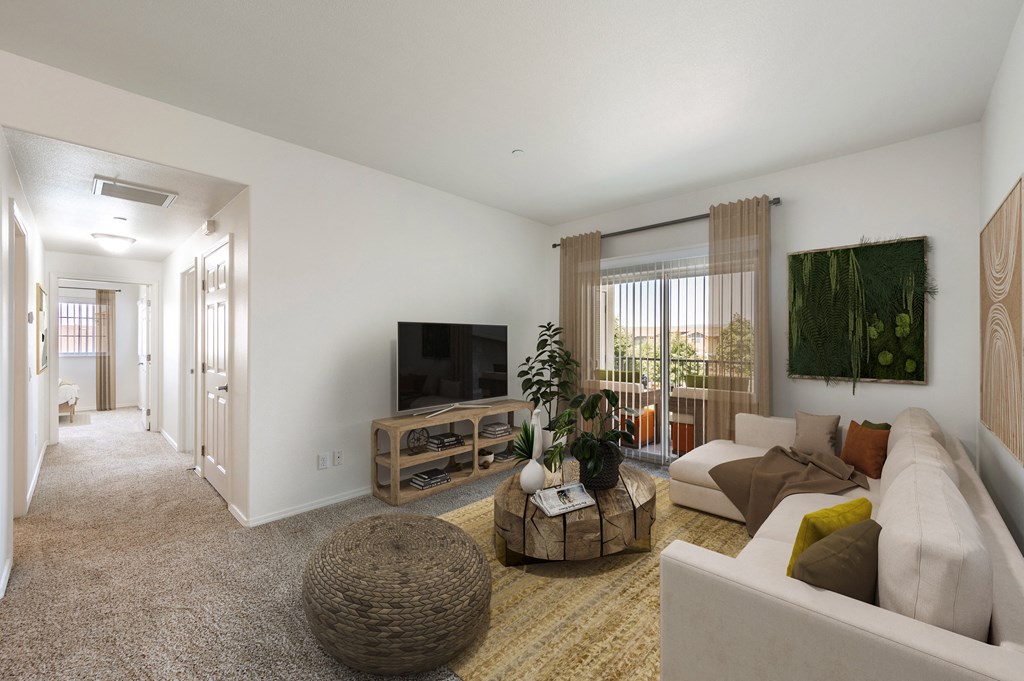 Santa Maria, CA, Apartments Near Trader Joes - Siena - Living Room with Carpeted Floor, Sectional Couch, Ottoman, Coffee Table, TV, and Sliding Glass Door with Vertical Blinds and Access to Patio