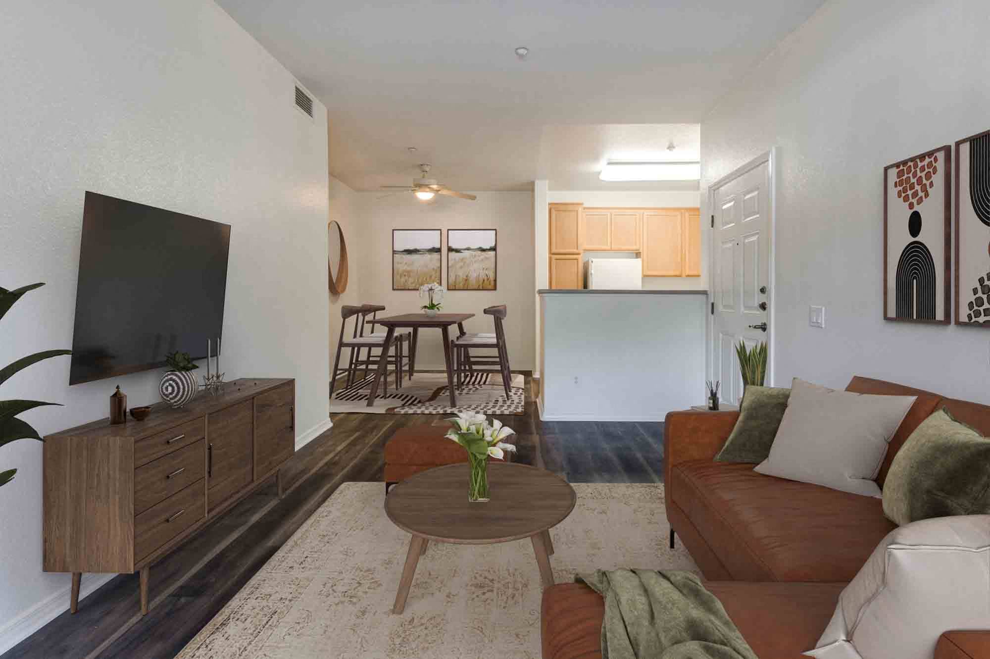 a living room with a couch and a table