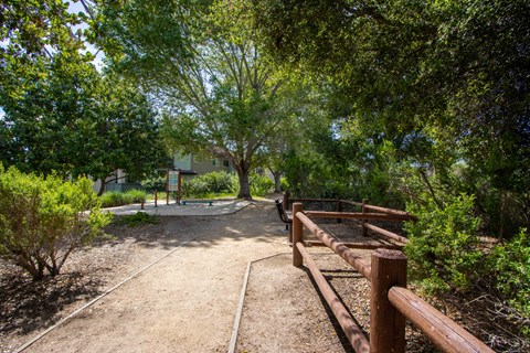 a trail with a wooden fence and trees in a park