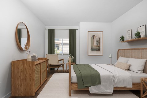 a bedroom with a bed and a dresser and a window