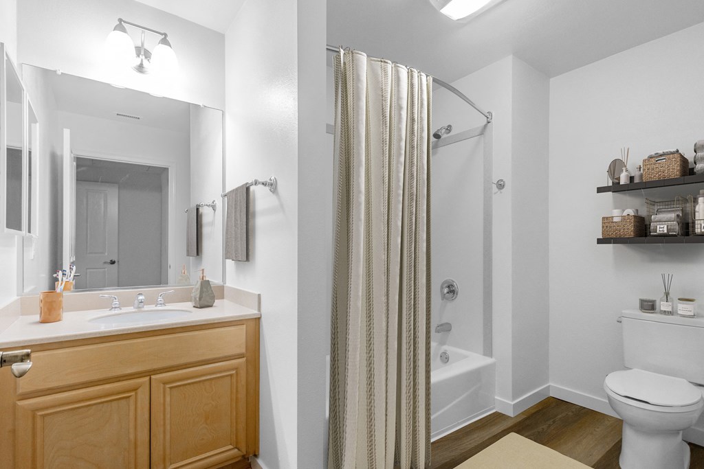 a bathroom with a shower sink and toilet and a mirror