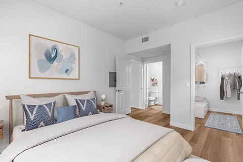 2-Bedroom Apartments in Goleta, CA - Willow Springs - Bedroom with Wood-Style Flooring, Bed, Nightstand with Lamp, Large Walk-In Closet, and Private Bathroom