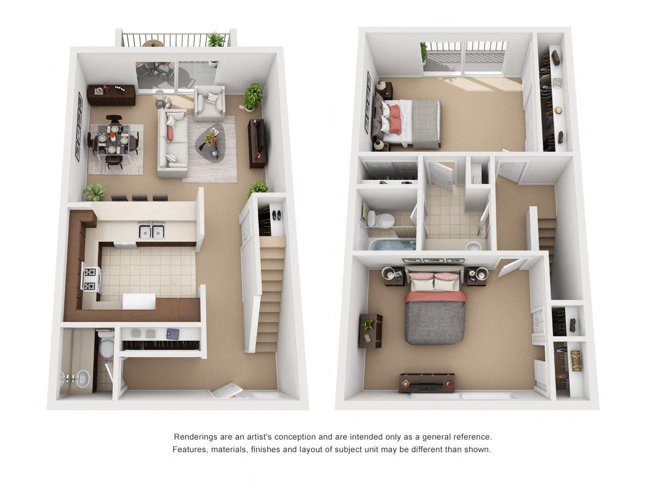 2 Bedroom 1.5 Bathroom Plan 3 3D Floor Plan Layout 2 Bedroom 1.5 Bathroom Plan 3 3D Floor Plan Layout at Encina Meadows, Goleta, 93117