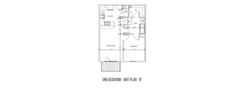 A black and white image of a one bedroom apartment layout.
