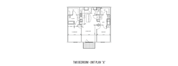 A black and white image of a two bedroom apartment layout.