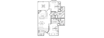 A black and white floor plan of a house with a master bedroom, a guest bedroom, a kitchen, a dining area, a living room, a rear patio, and a guest bathroom.