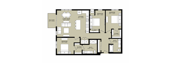 A floor plan of a house with a living room, kitchen, two bedrooms, and a bathroom.