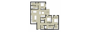 A floor plan of a house with a living room, two bedrooms, a kitchen, and a bathroom.