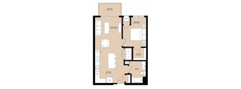 A floor plan of an apartment with a living room, kitchen, bathroom, and two bedrooms.