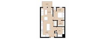 A floor plan of an apartment with a living room, kitchen, bathroom, and bedroom.