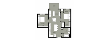 A floor plan of a house with a balcony, two bedrooms, a living room, a kitchen, a bathroom, and a closet.