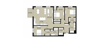 A floor plan of a house with a balcony, two bedrooms, a living room, a kitchen, a bathroom, a laundry room, and a closet.