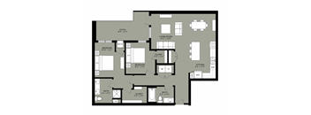 A floor plan of a house with a living room, two bedrooms, a bathroom, a kitchen, a patio, and a closet.