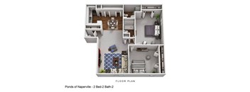 A floor plan of a two bedroom apartment with two bathrooms.