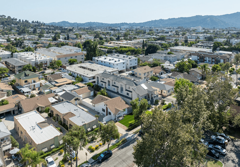an aerial view of a city with houses and trees