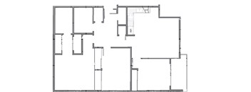 A black and white image of a floor plan with multiple rooms and doors.