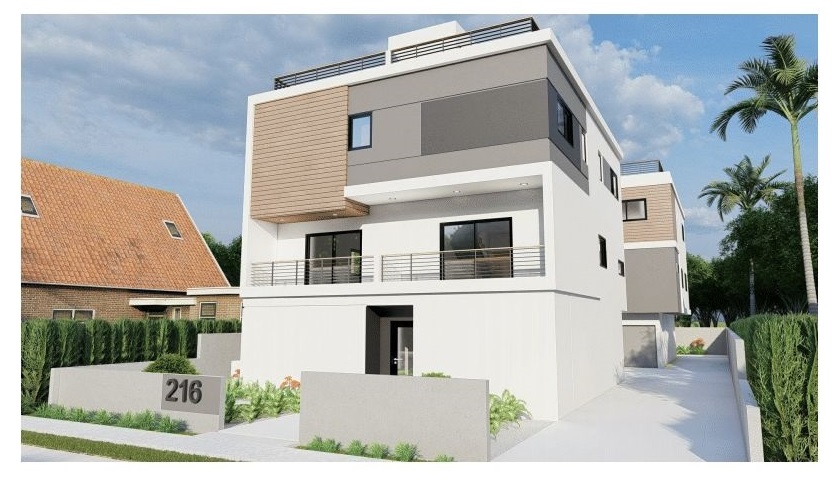 A modern house with a flat roof and a balcony is numbered 216.