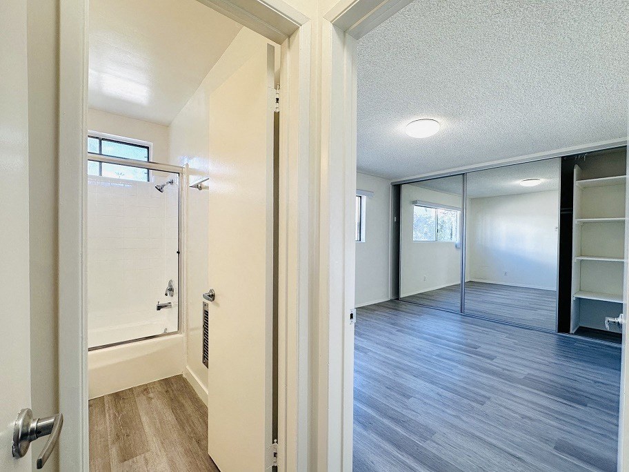 A bathroom with a walk-in shower and a wooden floor.