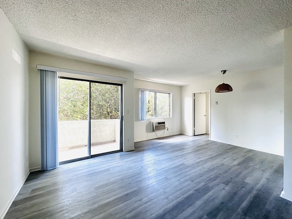 A room with a sliding glass door and a wooden floor.