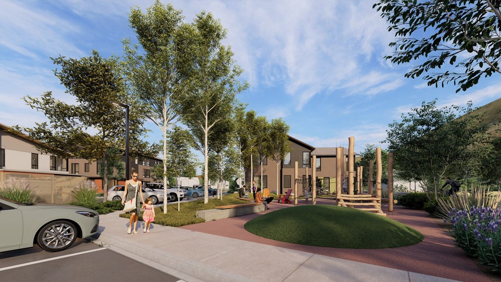 a rendering of a street with people walking on the sidewalk and a playground in the background at Lido Apartment Homes @ Hailey, ID, Hailey Idaho