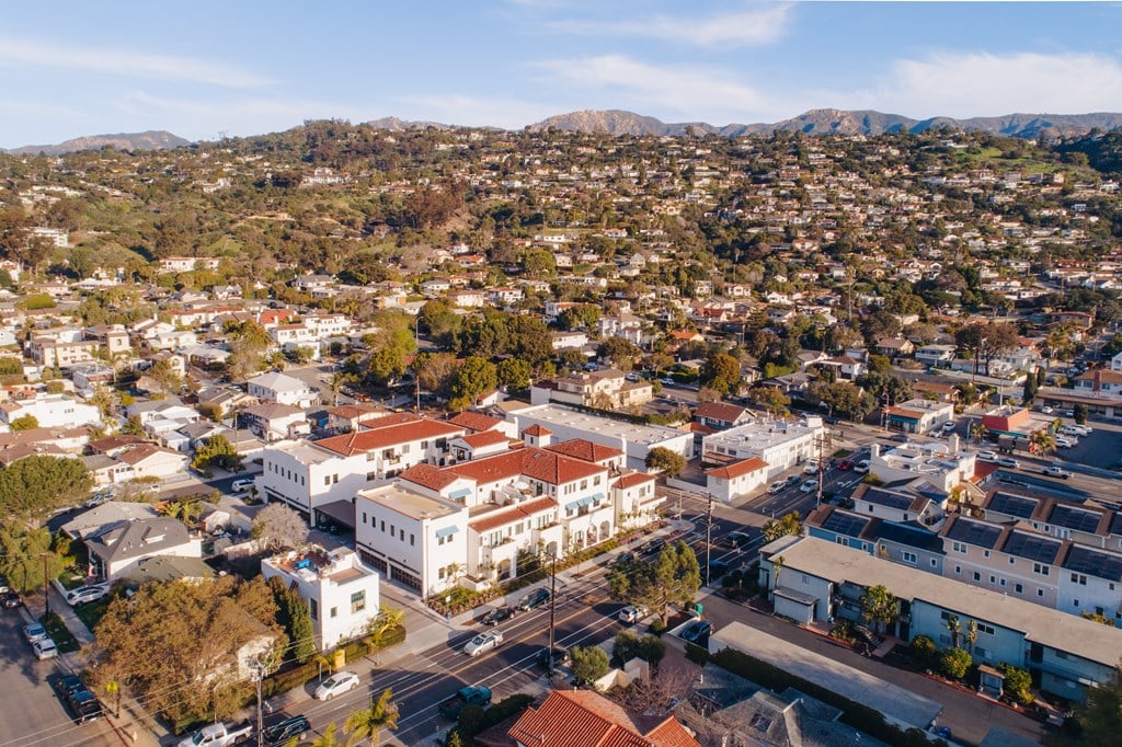 Drone shot of Plaza Riviera facing Canon Perdido and view of the Riviera at Plaza Riviera, Santa Barbara, CA, 93103