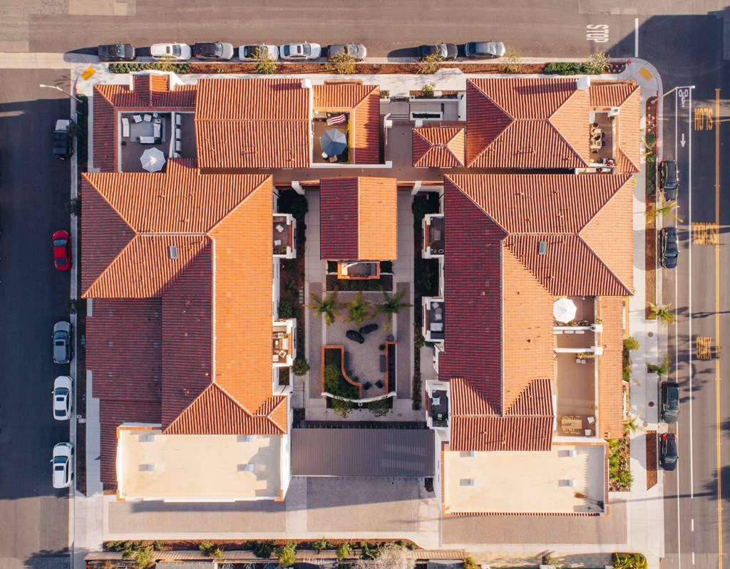 Drone Aerial shot looking straight down into Plaza Riviera courtyard at Plaza Riviera, Santa Barbara, CA