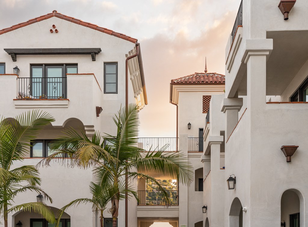 Plaza Riviera Interior courtyard view of elevator tower Spanish style architecture at Plaza Riviera, Santa Barbara, California