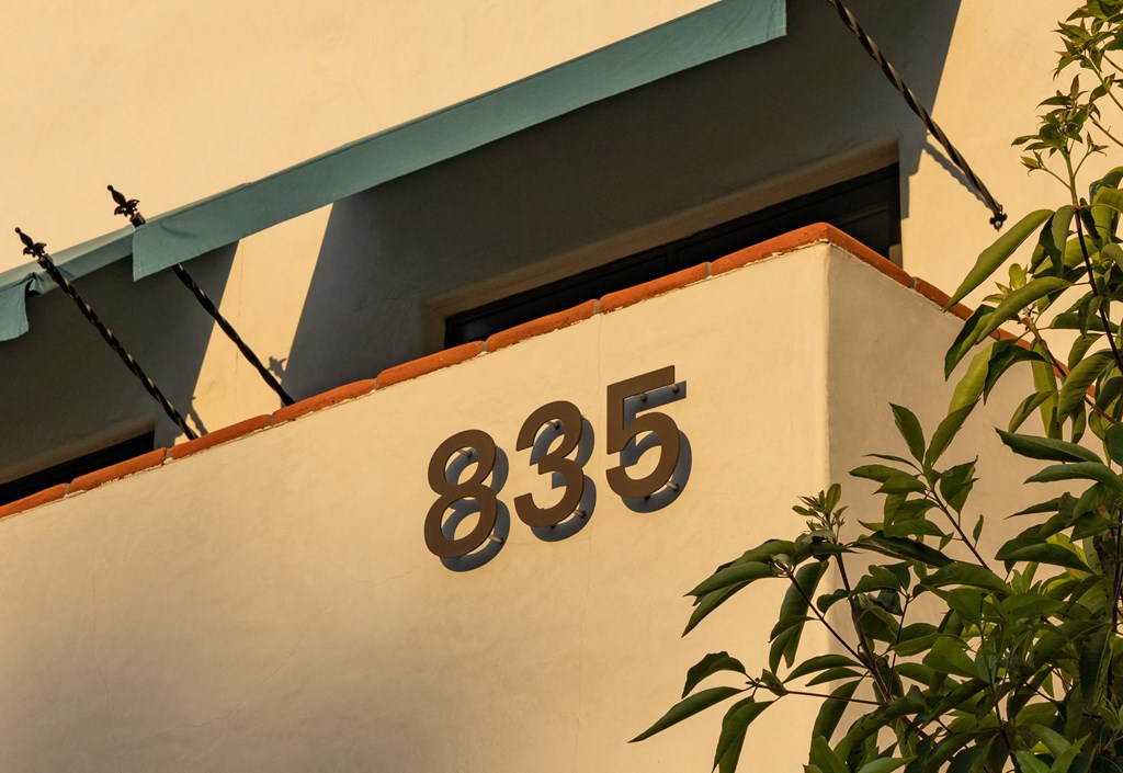 Up Close Shot of 835 Addressing on the Canon Perdido side of the building at Plaza Riviera, California, 93103