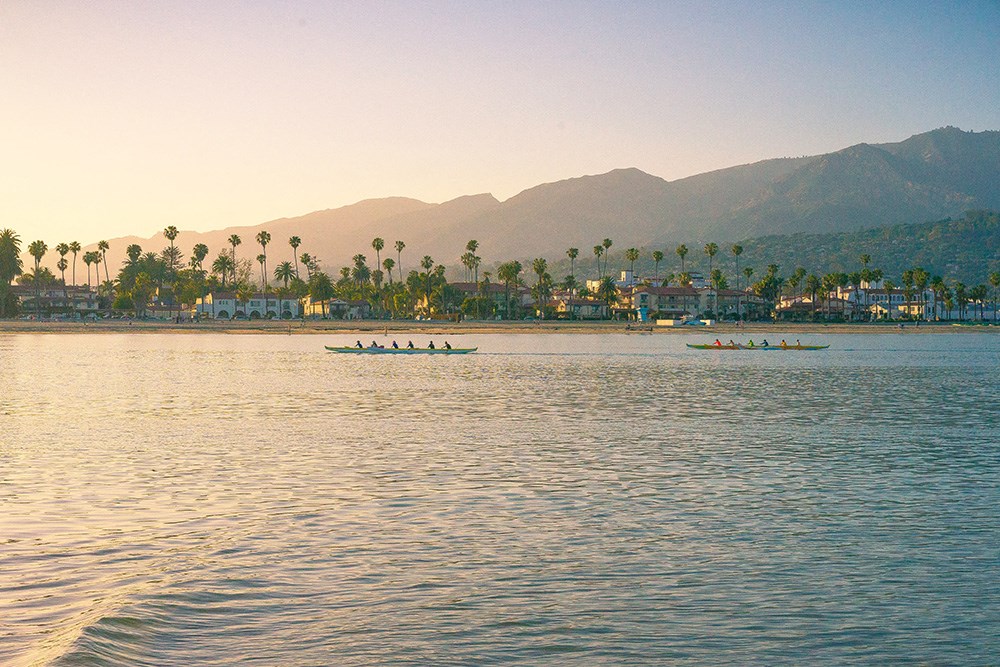 Ocean Mountain View with Rowers at Plaza Riviera, California