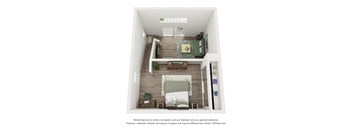 a stylized floor plan of a 1 bedroom apartment at Villa Mondavi, Bakersfield