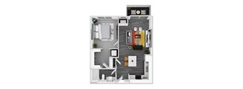 A top-down view of a modern apartment layout with a kitchen, living room, and bedroom.