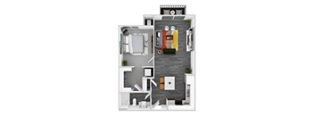 A top-down view of a modern apartment with a living room, kitchen, and bedroom.