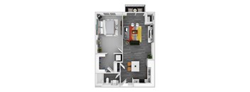 A top-down view of a small apartment with a kitchen, living room, and bathroom.