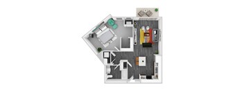 A top-down view of a small apartment with a living room, kitchen, and bedroom.