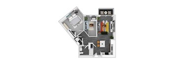 A top-down view of a small apartment with a kitchen, living room, and bedroom.