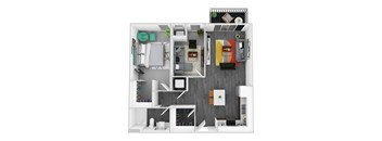 A top-down view of a modern apartment with a kitchen, living room, and bedroom.