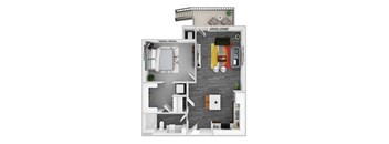 A 3D floor plan of a small apartment with a kitchen, living room, and bedroom.