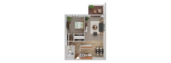 A 3D floor plan of a small apartment with a kitchen, living room, and bathroom.